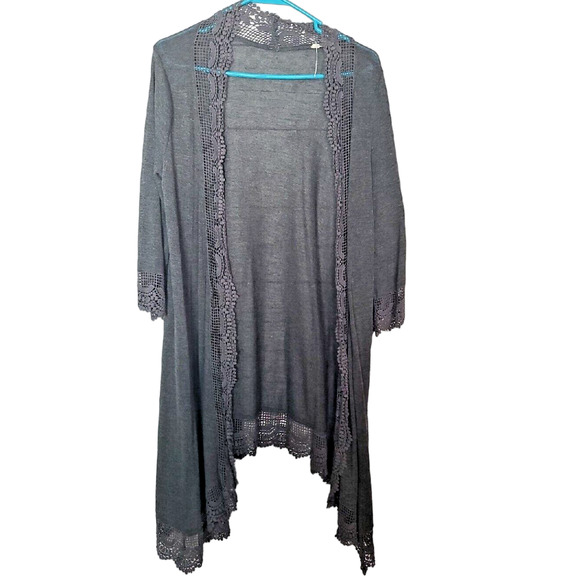 easel Sweaters - Easel Charcoal Gray Crochet Trim Long Sleeve Cardigan Sweater Womans Size Small